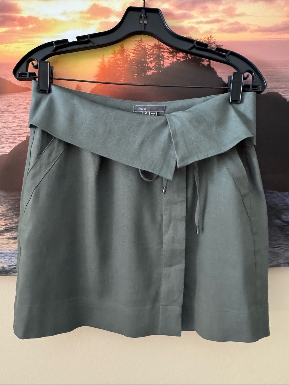 Vince Olive Green Drawstring Fold over Waist Linen blend Mini Skirt/2